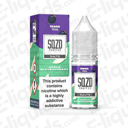 SQZD Fruit Co Apple Blackcurrant Nic Salt E-liquid 10ml bottle and packaging, featuring apple and blackcurrant flavors.