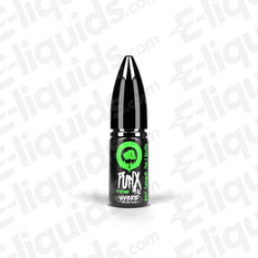 Punx Apple, Cucumber, Mint & Aniseed Hybrid Salt 10ml E-liquid by Riot Squad in a black bottle.