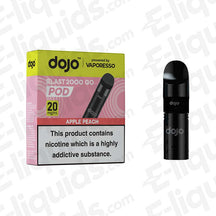 Apple Peach Vaporesso Dojo Blast 2000 Go Vape Pod with 20mg nicotine, offering up to 2000 puffs, shown with packaging and pod.