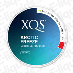 Can of XQS Arctic Freeze nicotine pouches with 11.2mg strength, featuring an icy blue design for a refreshing flavor.