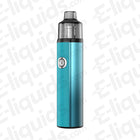 Blue vape pen with black top on white background featuring e-liquids branding