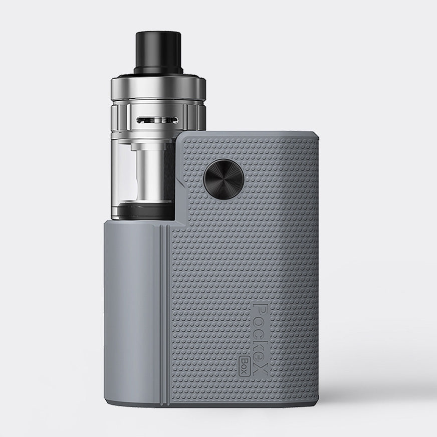 Gray vape mod device with textured grip and transparent tank.
