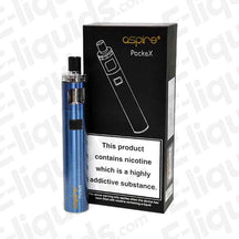 Aspire PockeX AIO Vape Kit in blue with packaging, known for its reliability and ease of use for beginners.