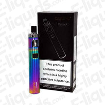 Aspire PockeX AIO Vape Kit in rainbow colors with packaging, featuring warning about nicotine addiction.