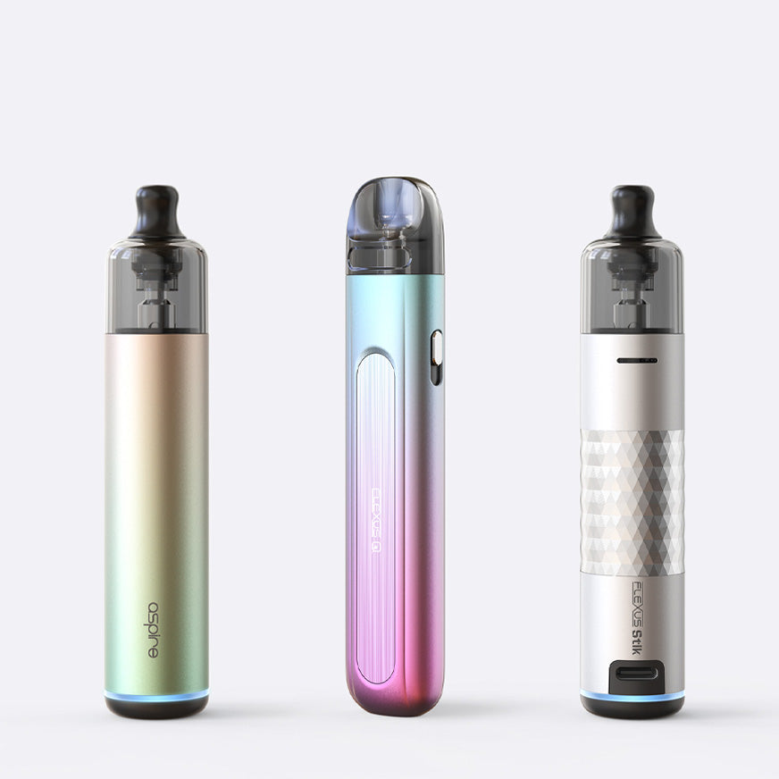 Three sleek, colorful vape devices displayed vertically against a white background, showcasing modern design and color gradients.