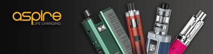 Aspire vaping devices showcase with modern design and vibrant colors on a sleek black background.