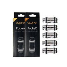Aspire PockeX replacement vape coils, pack of 5, with 0.6ohm and 1.2ohm NiChrome coils for efficient vaping.