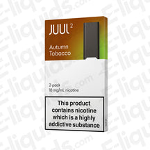 JUUL V2 Autumn Tobacco 2-Pack Pods with 18mg nicotine, compatible with JUUL2 Device, featuring earthy tobacco and citrus tones.