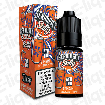 Ayn Tru Seriously Soda Nic Salt by Doozy Vape Co, 10ml bottle with box, inspired by orange fruit drink, available in various strengths.