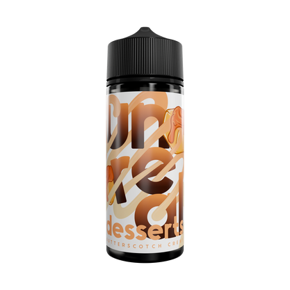 Butterscotch Creme Shortfill E-liquid by Unreal Desserts in a sleek 100ml bottle, featuring creamy butterscotch and fresh cream.
