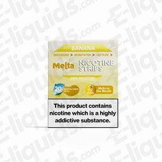 Banana MELTA Nicotine Strips packaging, 20 strips, 2mg nicotine, quick release for smoke-free satisfaction.