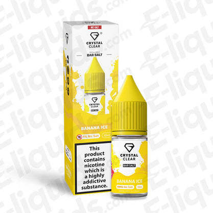 Crystal Clear Bar Salt's Banana Ice Nic Salt e-liquid with ripe banana and ice flavor in 10mg and 20mg strengths.