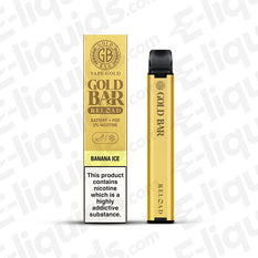 Gold Bar Reload Pod Kit in Banana Ice flavor, featuring a sleek design and nicotine warning for vaping.