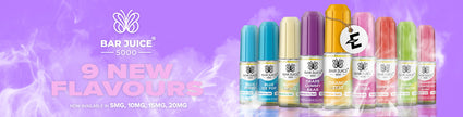 Bar Juice 5000 vape liquid bottles showcasing 9 new flavors on a purple smoky background.