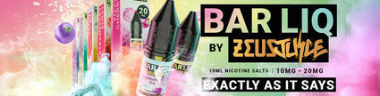 Bar LQ by Zeus Juice e-liquids with colorful packaging and smoke background, highlighting 10ml nicotine salts, 10mg and 20mg options.