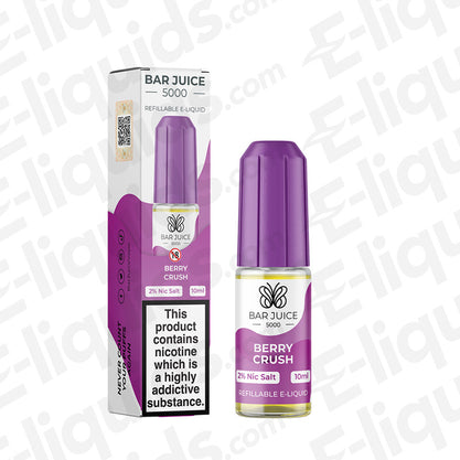Berry Crush Nic Salt E-liquid by Bar Juice 5000 in a 10ml bottle, featuring sweet berry flavors and nicotine options.