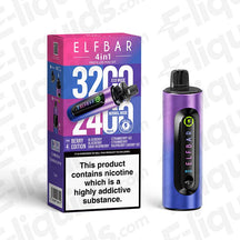 Elf Bar 4-in-1 Refillable Pod Kit with 3200 puffs and berry flavors, featuring a nicotine warning label.