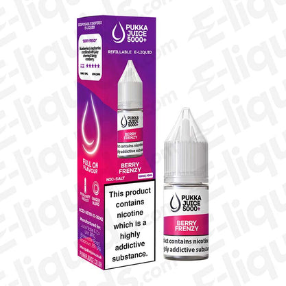 Berry Frenzy 5000+ Nic Salt E-liquid by Pukka Juice, featuring a mix of blueberries, raspberries, and cherries.