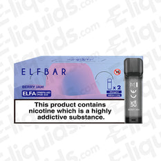 Elf Bar ELFA Berry Jam Vape Pods packaging with nicotine warning, 2ml capacity, 20mg nic salt, mesh coil for enhanced flavour.