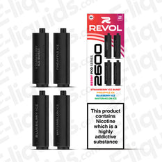 Berry 4-in-1 Series Revol 2600 Prefilled Pods with strawberry, pineapple, blueberry, and watermelon ice flavors displayed in packaging.