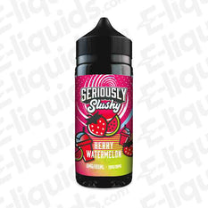 Berry Watermelon Seriously Slushy Shortfill E-liquid bottle by Doozy Vape Co, featuring strawberry and watermelon graphics. 70VG/30PG.