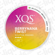 Berrynana Twist nicotine pouches by XQS, 8mg strength, featuring a blend of sweet bananas and tangy berries.