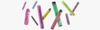 Colorful assortment of disposable vape pens in various colors floating on a white background.