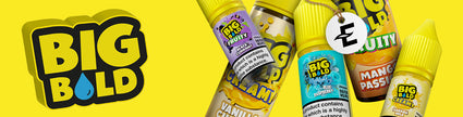 Display of Big Bold e-liquid bottles with various fruit flavors on a vibrant yellow background.
