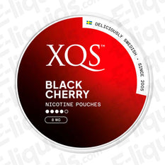 XQS Black Cherry nicotine pouches, 8mg strength, featuring rich black cherry flavor, Swedish brand packaging.