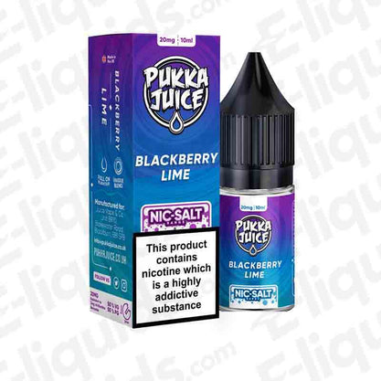 Blackberry Lime Nic Salt E-liquid by Pukka Juice in 10ml bottle, featuring sweet blackberries and zesty lime flavor.