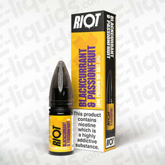 Blackcurrant & Passionfruit Nic Salt E-Liquid by Riot X in a 10ml bottle with vibrant packaging.