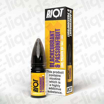 Blackcurrant & Passionfruit Nic Salt E-Liquid by Riot X in a 10ml bottle with vibrant packaging.