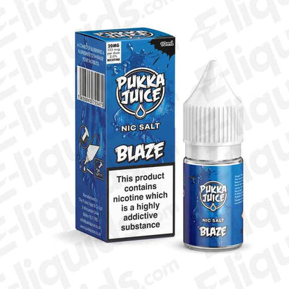 Blaze Nic Salt E-liquid by Pukka Juice in 10ml bottle with bold blue packaging and warning label.