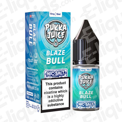 Blaze Bull Nic Salt E-liquid by Pukka Juice in a 10ml bottle, featuring vibrant packaging and nicotine info.