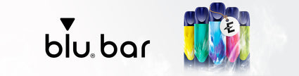 Colorful vaping devices with blu bar logo on a sleek white background.