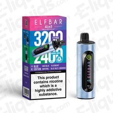 Elf Bar 4-in-1 Refillable Pod Kit in blue with packaging, offering 3200 puffs and multiple flavor options.