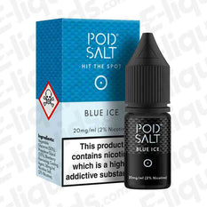 Blue Ice Nic Salt E-liquid by Pod Salt in 10ml bottle with nicotine strength of 20mg, featuring blueberry and menthol flavors.