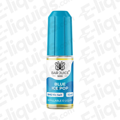 Blue Ice Pop Nic Salt E-liquid by Bar Juice 5000 in a 10ml bottle with a blue cap.