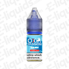 Blue Mist OX Passion Nic Salt E-liquid by OXVA bottle on white background.