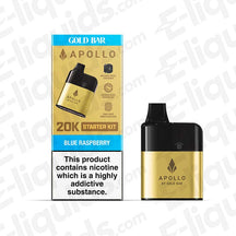 Gold Bar 20K Apollo AIO pod kit with blue raspberry flavor, compact design for 20,000 puffs.