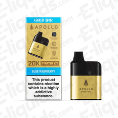 Gold Bar 20K Apollo AIO pod kit with blue raspberry flavor, compact design for 20,000 puffs.