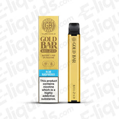 Gold Bar Reload Pod Kit in Blue Raspberry flavor with a sleek gold design, suitable for MTL vaping experience.