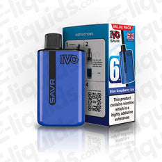 IVG SAVR Prefilled Pod Kit in blue with packaging, includes Blue Raspberry Ice flavor, perfect for vapers.