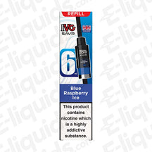 IVG SAVR Blue Raspberry Ice Prefilled Pod with 20mg strength, 2ml capacity, TPD compliant. Features blue and branding details.