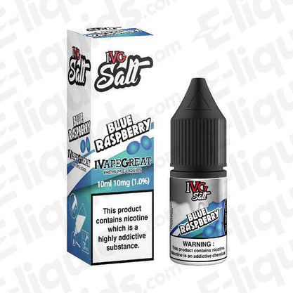 IVG Blue Raspberry Nic Salt E-liquid 10ml bottle and box with nicotine warning, featuring blueberry and raspberry flavors.