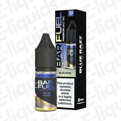 Blue Razz Nic Salt E-liquid by Bar Fuel, 10ml bottle and packaging with berry flavor. Smooth nicotine satisfaction.