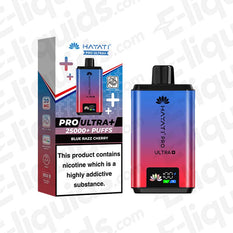 Hayati Pro Ultra+ 25K Blue Razz Cherry Prefilled Pod Kit 850 mAh, 20mg, 25000+ puffs, box and device.