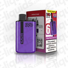 IVG SAVR Legal Big Puff Prefilled Pod Kit in purple with Blue Razz Cherry flavor packaging and instructions.