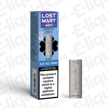 Lost Mary 4-in-1 Prefilled Pods Blue Razz Cherry flavor pack with nicotine warning, showing sleek design and packaging.