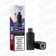 Hayati Pro Max Blue Razz Cherry Prefilled Pod with 6,000 puffs capacity, 2ml pod, and 10ml refill cartridge against packaging box.